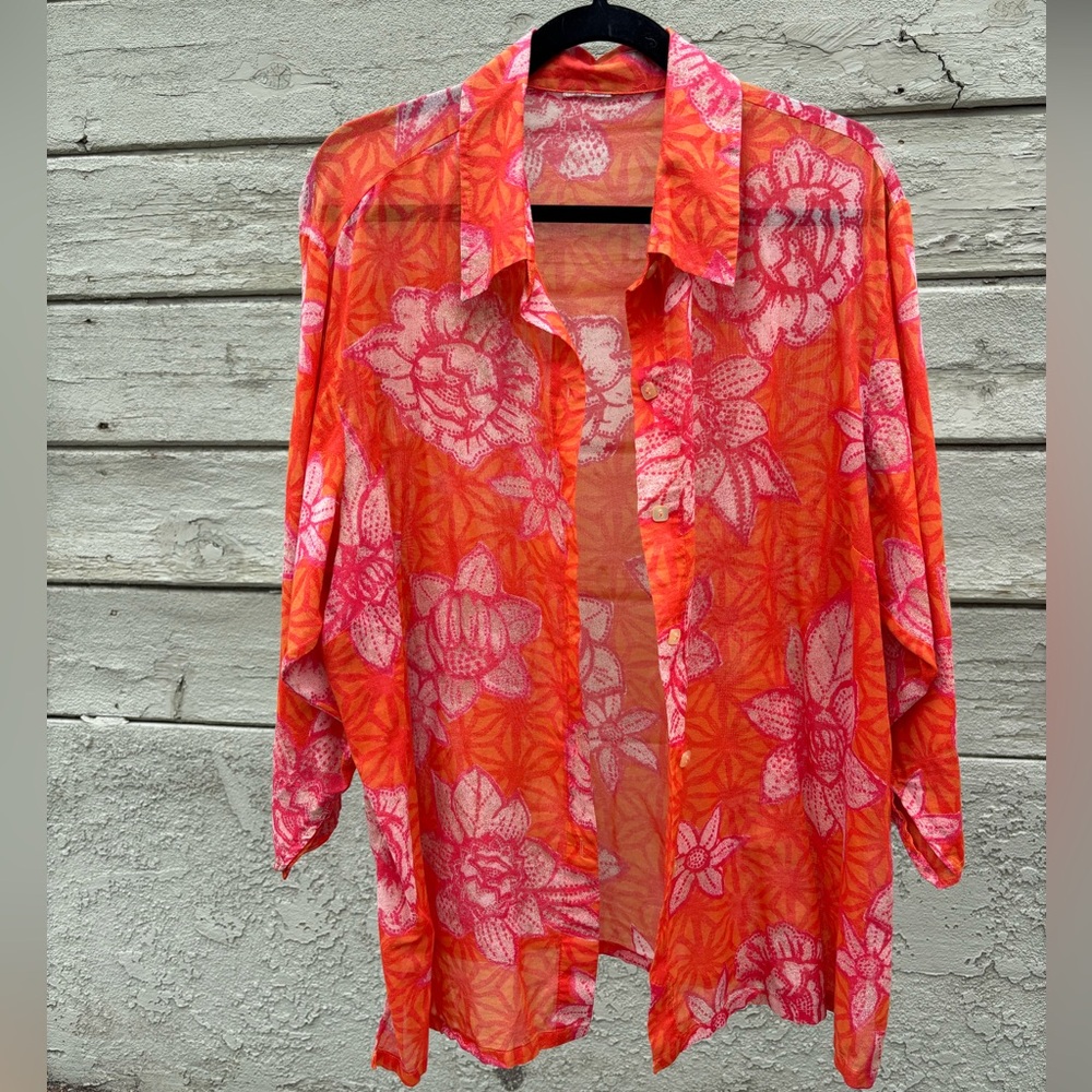 Sigrid Olsen Geo Floral Semi Sheer Beach Coverup Button Down Shirt
